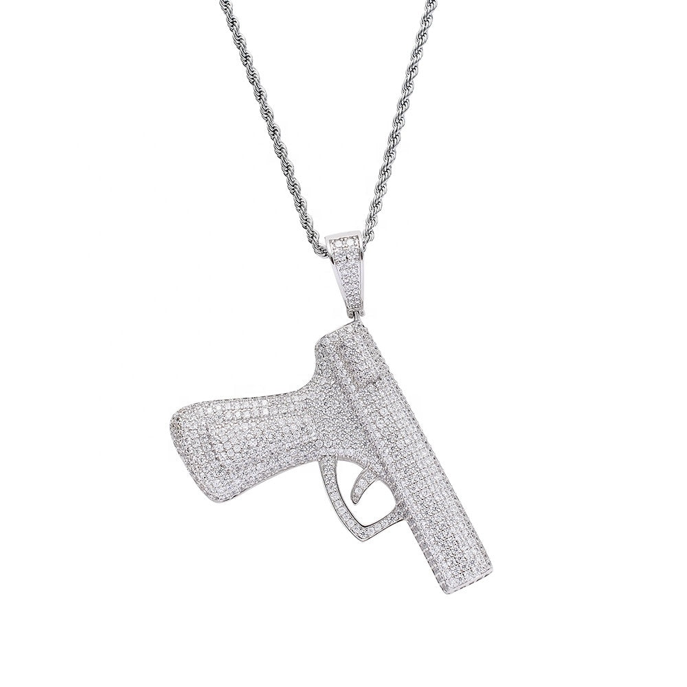Pistol Pendant iced pendant on rope chain