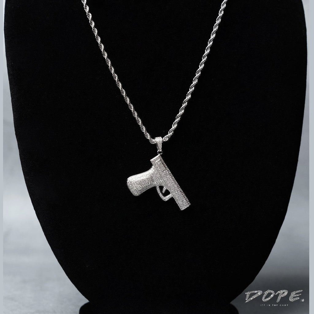 Pistol Pendant iced pendant on rope chain