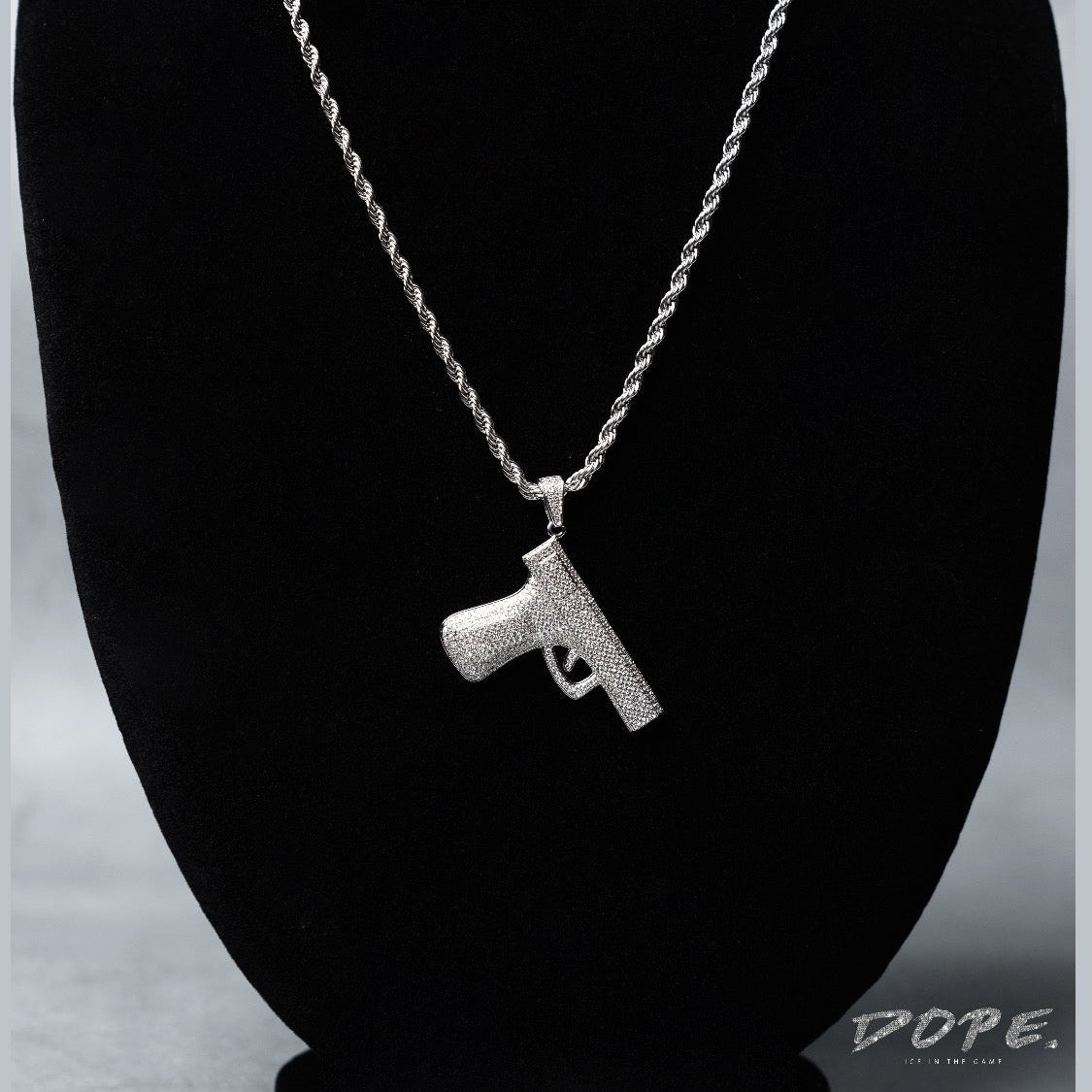 Pistol Pendant iced pendant on rope chain