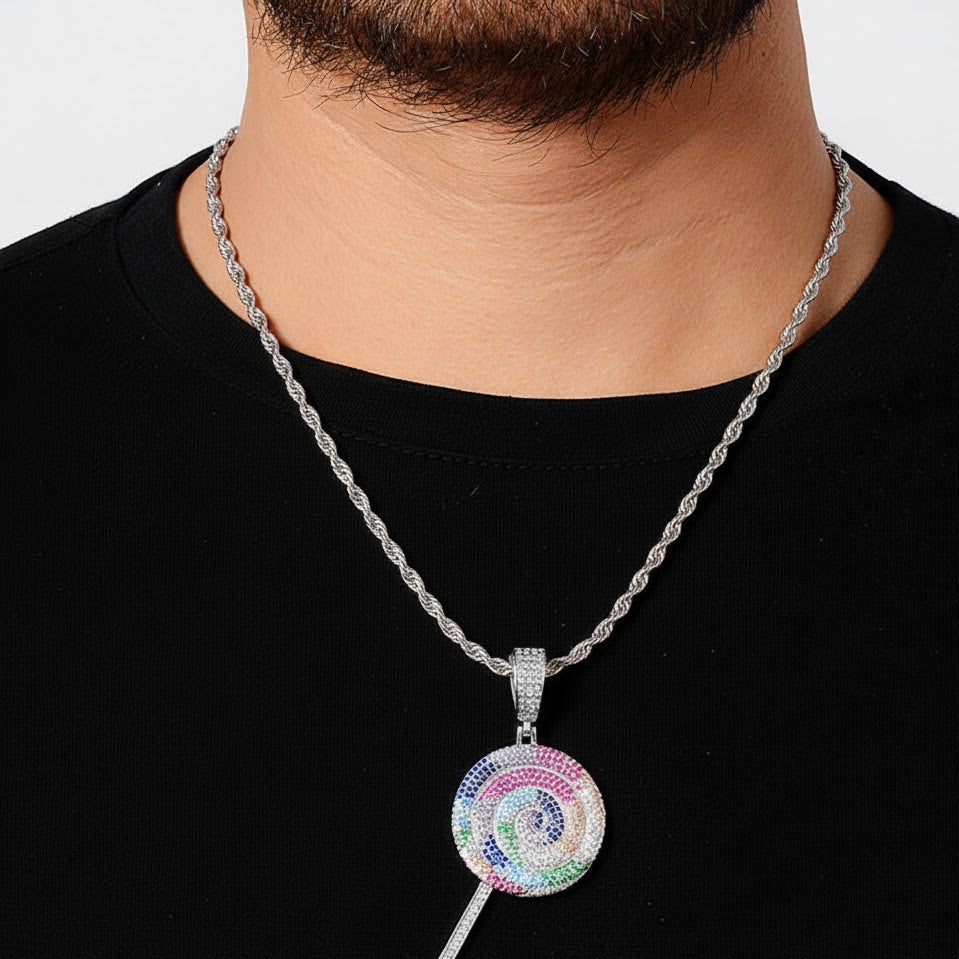 Rainbow Swirl Lollipop pendant on rope chain