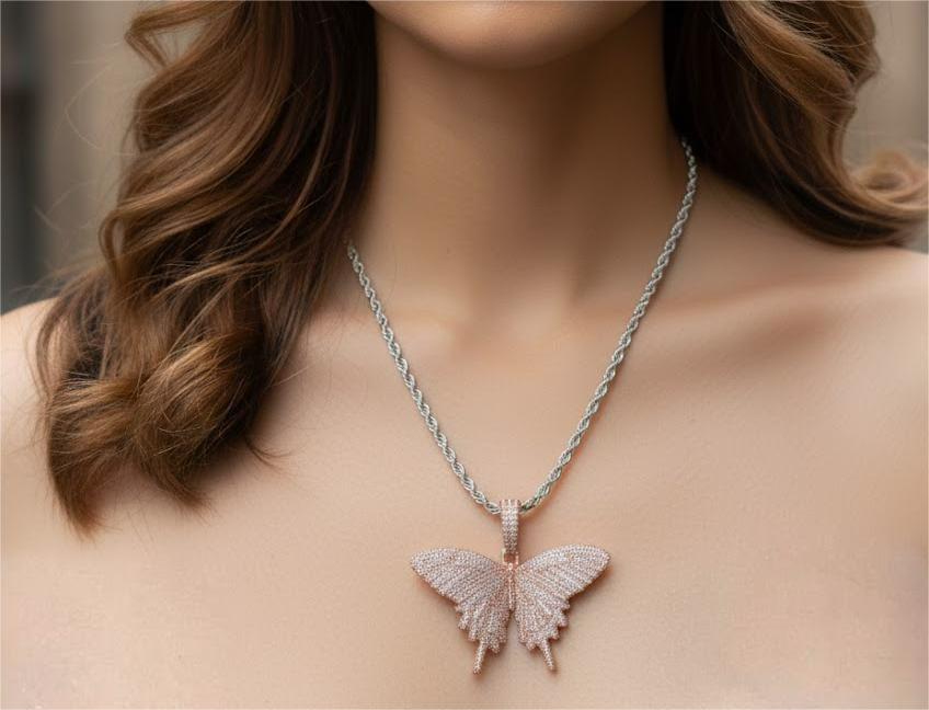 Two-Tone Butterfly Pendant (Blue) on rope chain