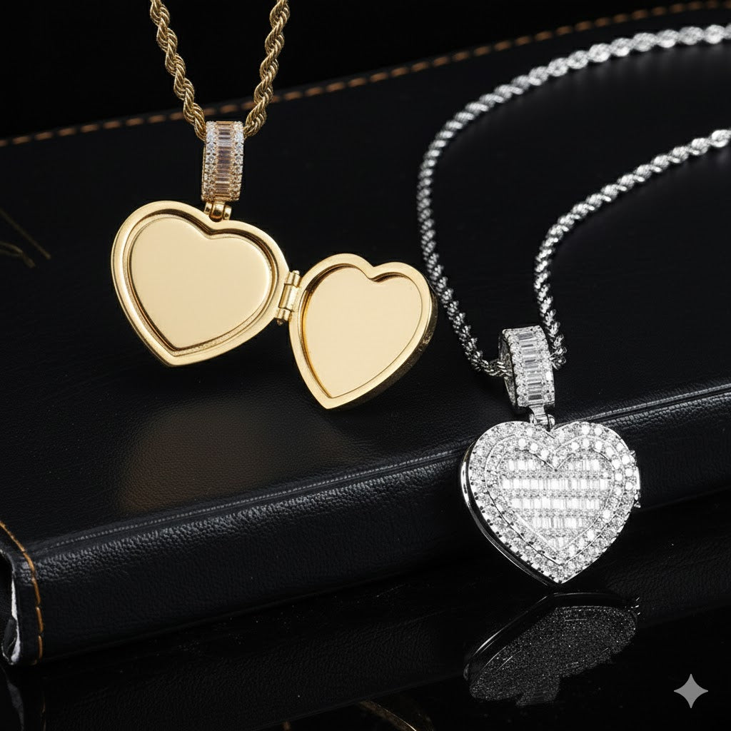 Silver Heart Photo Locket pendant on rope chain